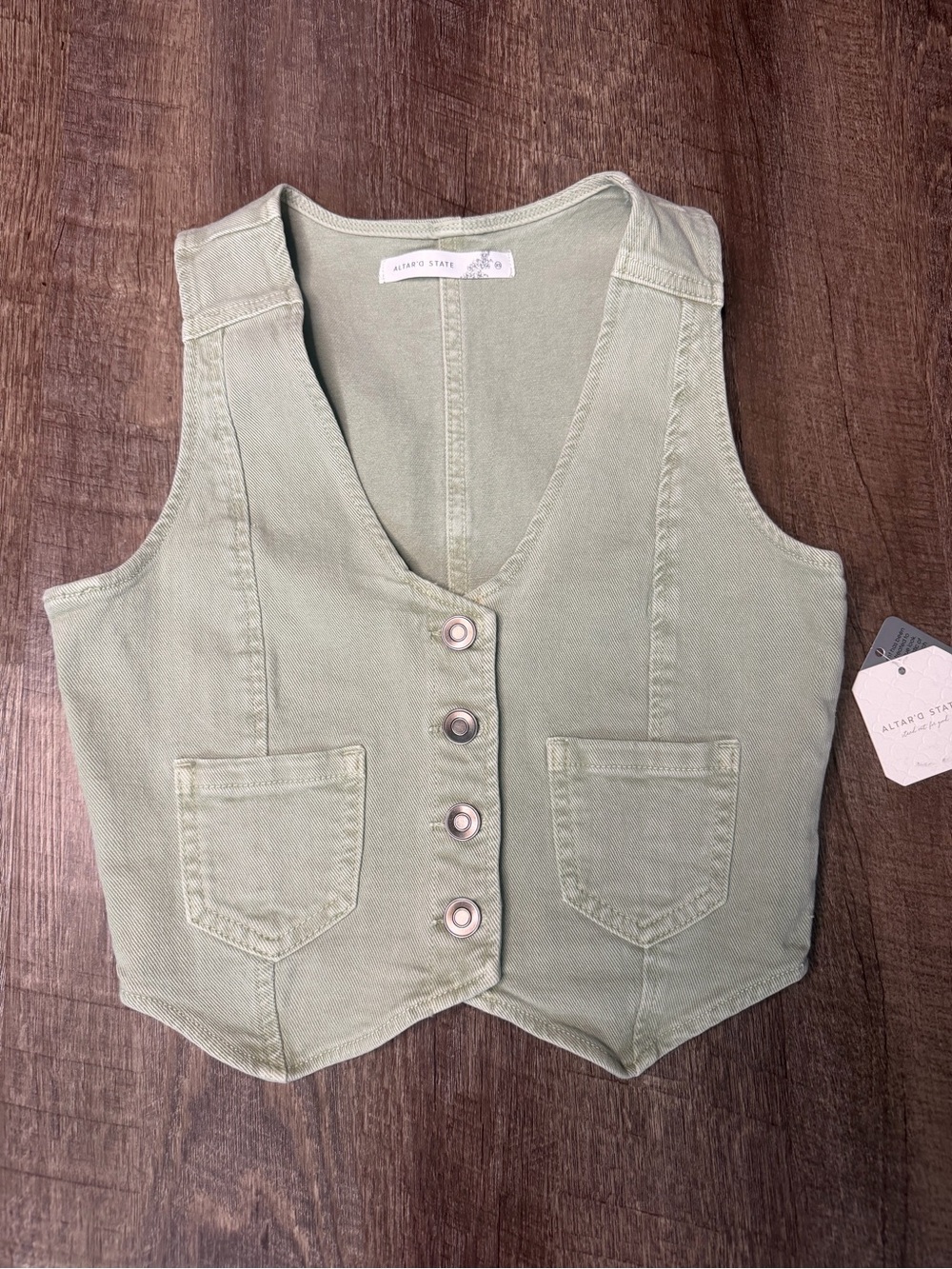 Altar'd State Light Sage Button-Front Crop Vest